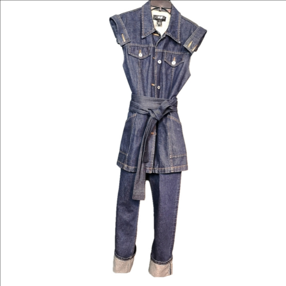 Neo Vintage Upcycled Blue Dark Denim Sleeveless Jumpsuit Hybrid